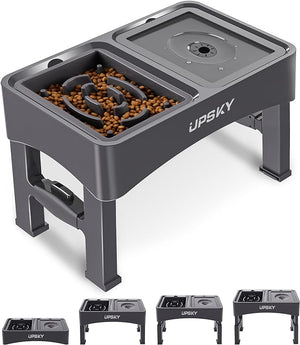 UPSKY 2-in-1 Elevated Dog Bowls Slow Feeder, 4 Height Adjustable Raised Dog Bowl Stand No Spill Dog Water Bowl Dispenser, Non-Slip Dog Food and Water Bowl for Small Medium Large Dogs, Cats, Grey.