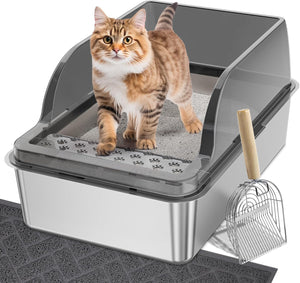 UPSKY Stainless Steel Cat Litter Box with Lid, XL Extra Large Metal Litter Box for Big Cats, Enclosed Steel Kitty Litter Box with High Sided, Anti-leakage, Non-sticky, Easy to Clean, Include Scoop