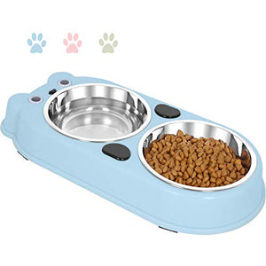 UPSKY Double Dog Cat Bowls, Premium Stainless Steel Pet Bowls with Cute Modeling(Blue)