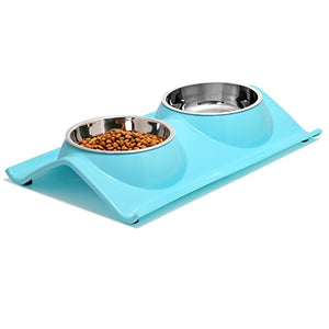 UPSKY Double Dog Cat Bowls, Premium Stainless Steel Pet Bowls Non-Spill(Sky Blue)